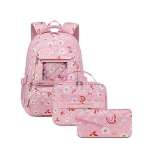 NEW Girls Pink Rainbow Daisy Backpack Lunchbox School Bag Pencil Case 3 In 1